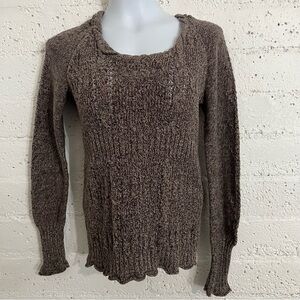 5/$25 DKNY Jeans Womens Sweater M Brown Hooded Cable Knit Scalloped Hem G7